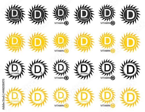 Set vitamin d icons. Sun with symbol D3. Vector signs.