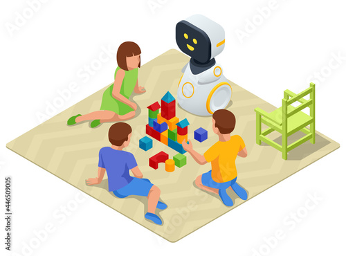 Isometric Robot Baby Sitter Playing Cubes With Children. Robot nanny and kids playing educational toys at kindergarten or nursery room