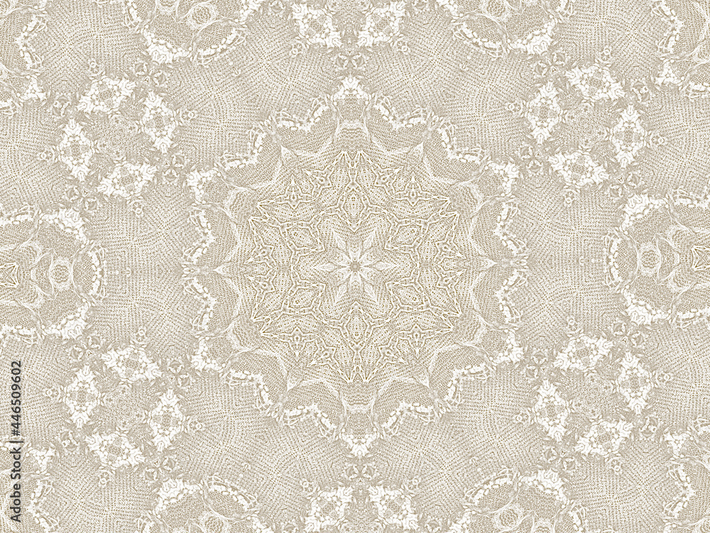 White fabric with a beautiful ornament of flowers. Geometric pattern on natural linen canvas. Wedding background in vintage style. 