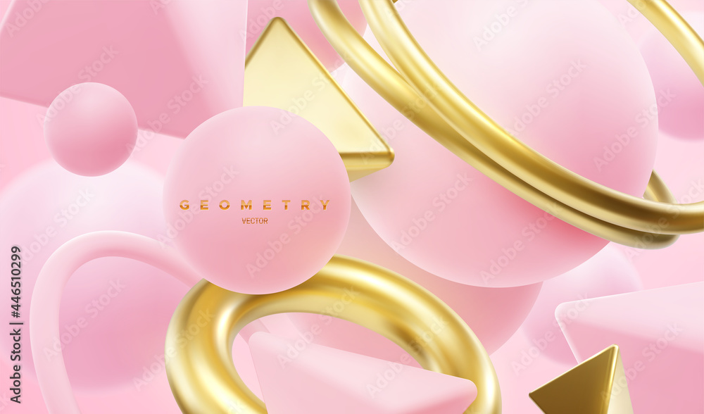 Pink and golden geometric shapes backdrop. Abstract elegant background.