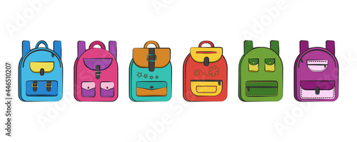 Backpack school vector icons, colorful rucksack set, schoolbag isolated on white background. Education and sport illustration