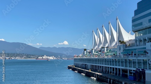 cruise ship in the port Vancouver waterfront promenade seawall walking tourism summer sunny day Canada Place 