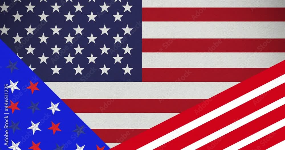 Animation of moving red, white and blue stars and stripes patterns over american flag Animation of moving red, white and blue stars and stripes patterns over american flag