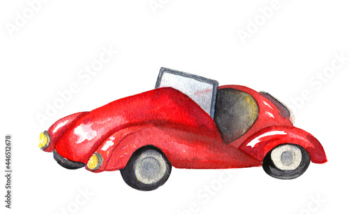 watercolor hand draw red retro cabriolet car 
