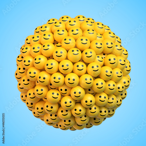 Many yellow balls in shape of sphere with smiling faces on blue background. Social media and communications concept