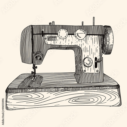 Antique hand sewing machine on a wooden base. A quick simple pencil sketch.