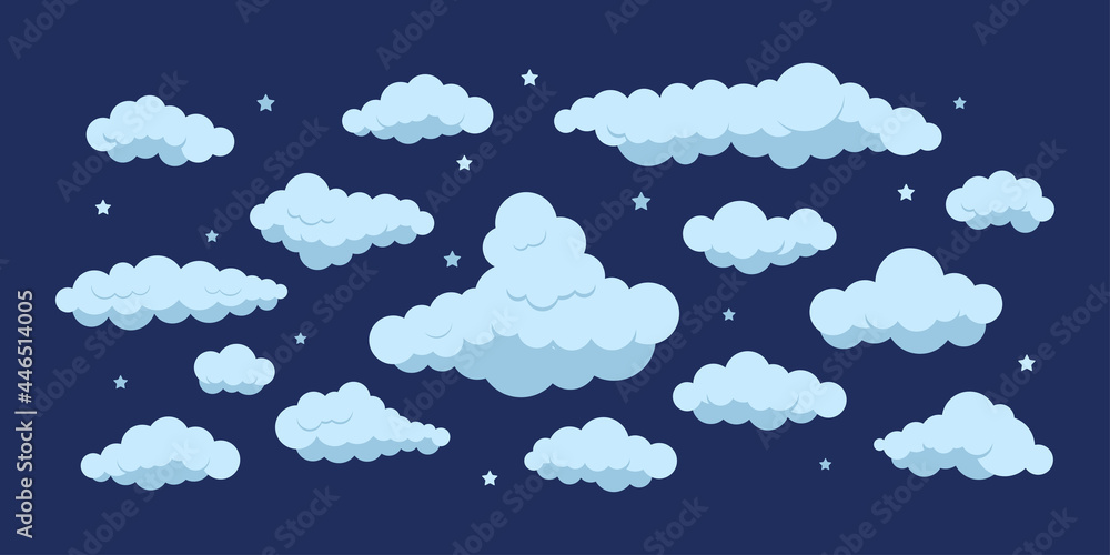Night clouds with stars icon set isolated on dark sky background. Cartoon cute fluffy clouds collection for heaven 2d scene and backgrounds. Flat design cumulus clip art vector illustration. Night clouds with stars icon set isolated on dark sky background. Cartoon cute fluffy clouds collection for heaven 2d scene and backgrounds. Flat design cumulus clip art vector illustration.