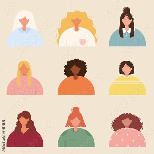 Women portraits set. Multi-ethnic girls avatars. Female vector illustration.