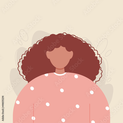 Woman portrait. Brunette girl avatar with curly hair in pink clothes. Female vector illustration.