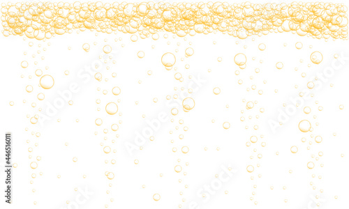 Golden bubbles stream background. Sparkling fizzy drink, carbonated water, beer, soda, lemonade, champagne texture. Vector realistic illustration.