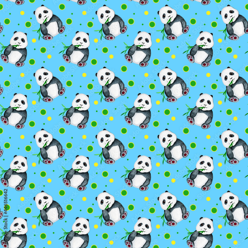 Blue Watercolor seamless pattern cute Panda.Wrapping paper, nursery fabric swatch. Hand draw illustration