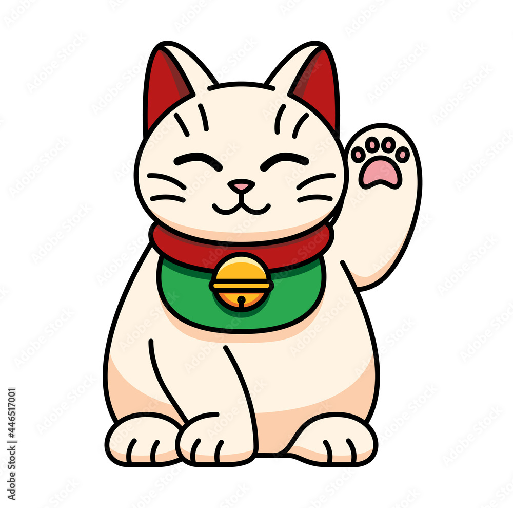Isolated kawaii asian cat. Neko with one hand up - Vector Isolated kawaii asian cat. Neko with one hand up - Vector