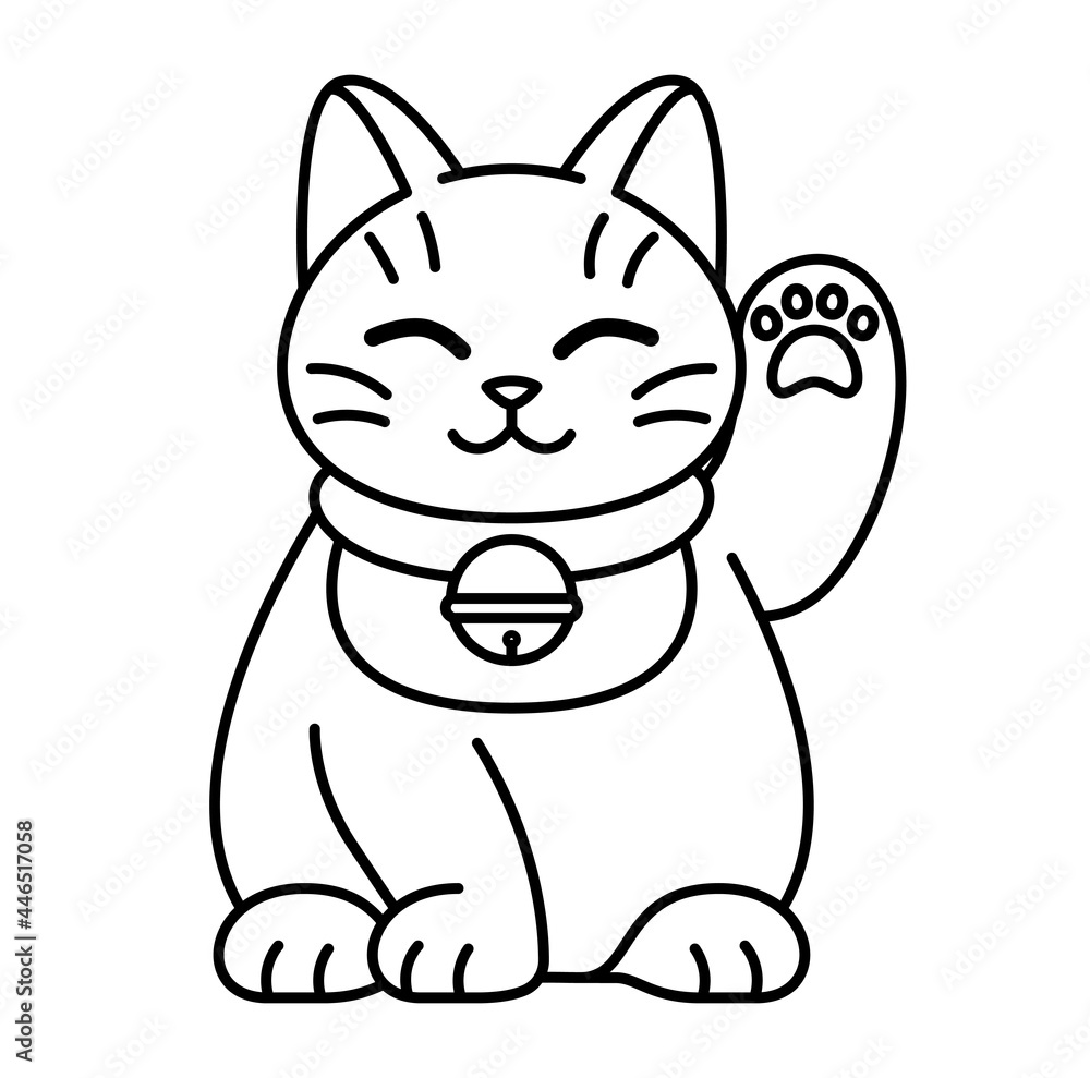 Isolated kawaii asian cat. Neko with one hand up - Vector