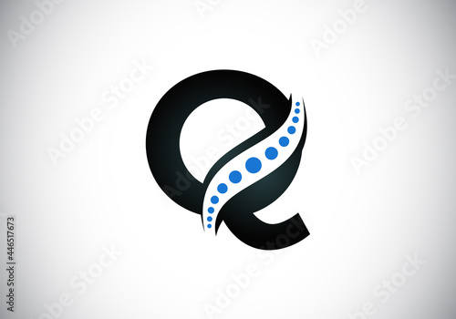 Initial Q monogram letter alphabet with chiropractic spine logo. Spinal care icon. Font emblem. Modern logotype for orthopedic business and company identity.