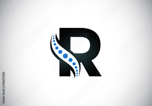 Initial R monogram letter alphabet with chiropractic spine logo. Spinal care icon. Font emblem. Modern logotype for orthopedic business and company identity.