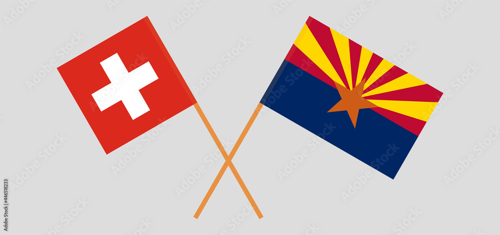 Crossed flags of Switzerland and the State of Arizona. Official colors. Correct proportion