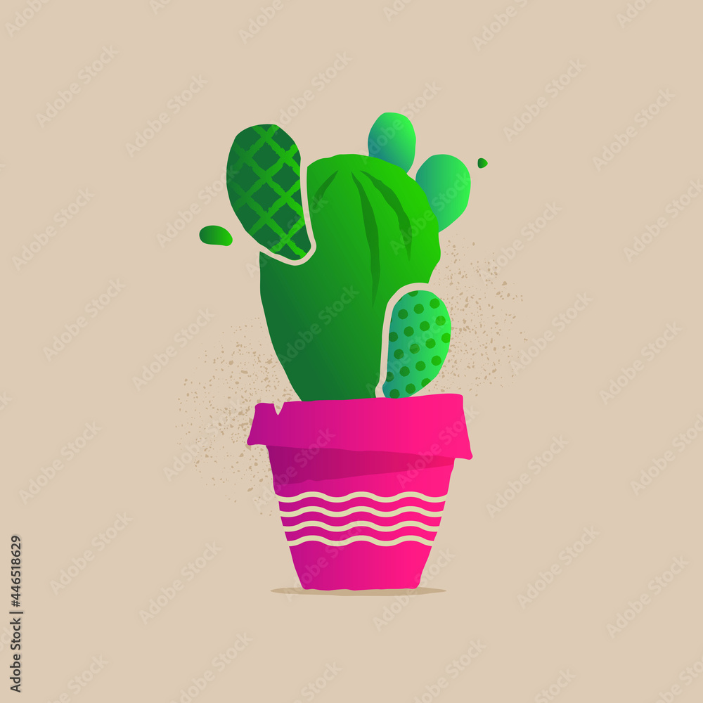 Green cactus. Home plant. Flower. Succulent. Pot. Postcard or print. Cute illustration. Cartoon and casual style.