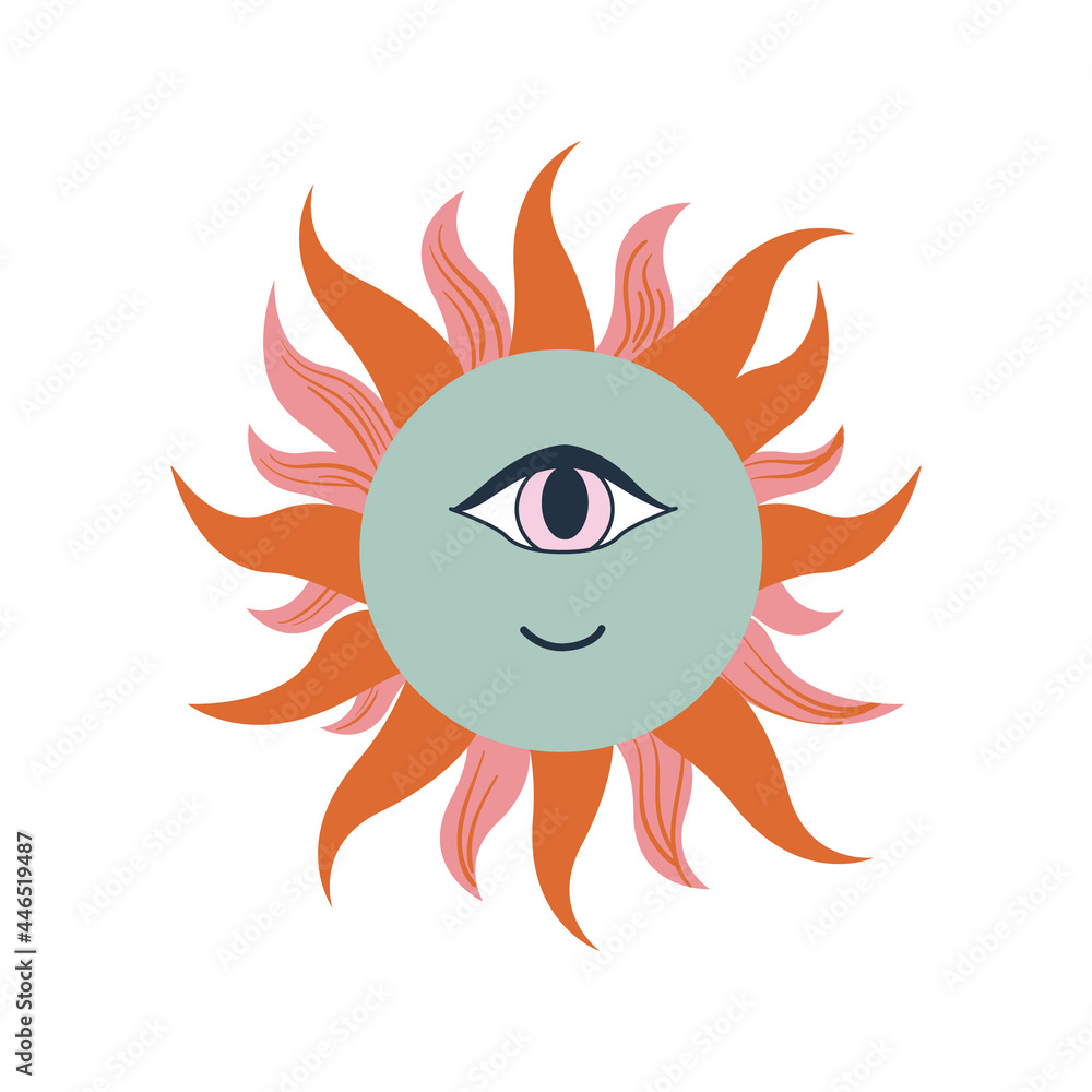 Cute hippie sun. Vector illustration in retro style. Character monster design. 