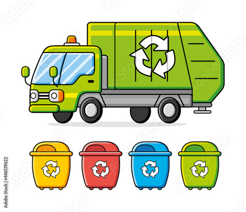 Garbage truck isolated and trash recycling cans or dumpster bins colors set. Waste segregation management cartoon icons.