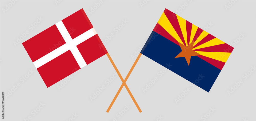 Crossed flags of Denmark and the State of Arizona. Official colors. Correct proportion