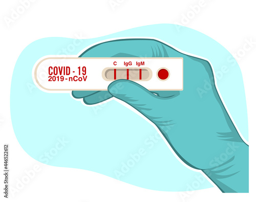 Doctor hand with protective glove holding positive coronavirus blood antibody test