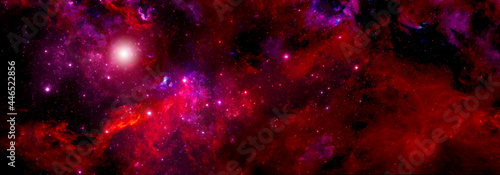 A bright red nebula of deep space with shining stars