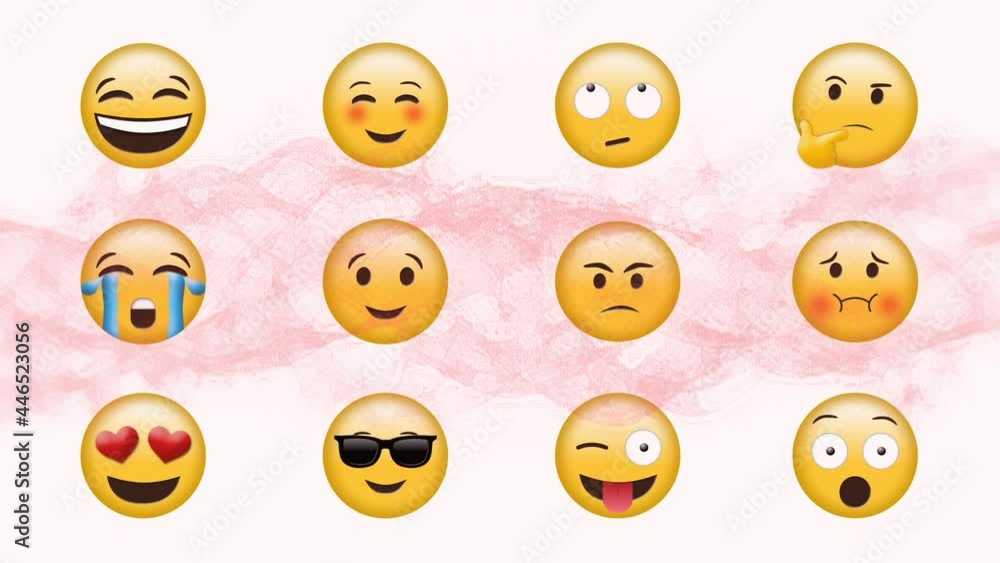 Animation of emoji icons in row with dna strand on white background Animation of emoji icons in row with dna strand on white background