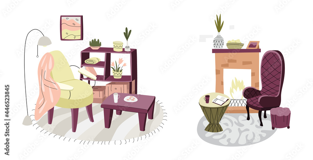 Vector set, a collection of drawn illustrations with accessories for the living room, recreation area, bedroom. Chairs, chairs, tables, fireplaces, lamps, decorative ornaments are depicted. Vector set, a collection of drawn illustrations with accessories for the living room, recreation area, bedroom. Chairs, chairs, tables, fireplaces, lamps, decorative ornaments are depicted.
