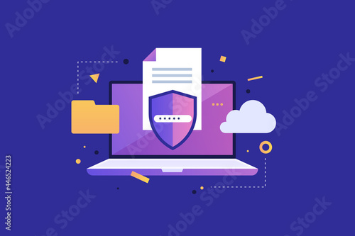 Laptop monitor, cloud storage and personal data are closed from public use. Cloud technology security systems. Personal data protection rules on the Internet. Vector illustration.