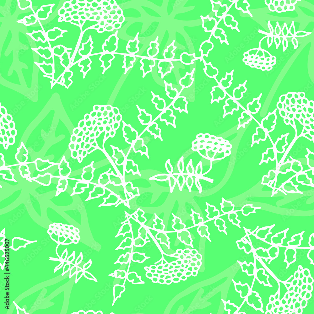 Hand drawn seamless pattern with rowan contour on a green background. For textiles, notebook covers, cards and other printed products. Vector illustration. Hand drawn seamless pattern with rowan contour on a green background. For textiles, notebook covers, cards and other printed products. Vector illustration.