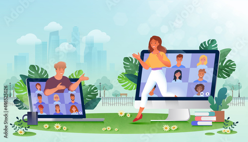 Woman and man coming out from virtual video conference app meeting with colleagues. Working and learning anywhere concept. Vector illustration.