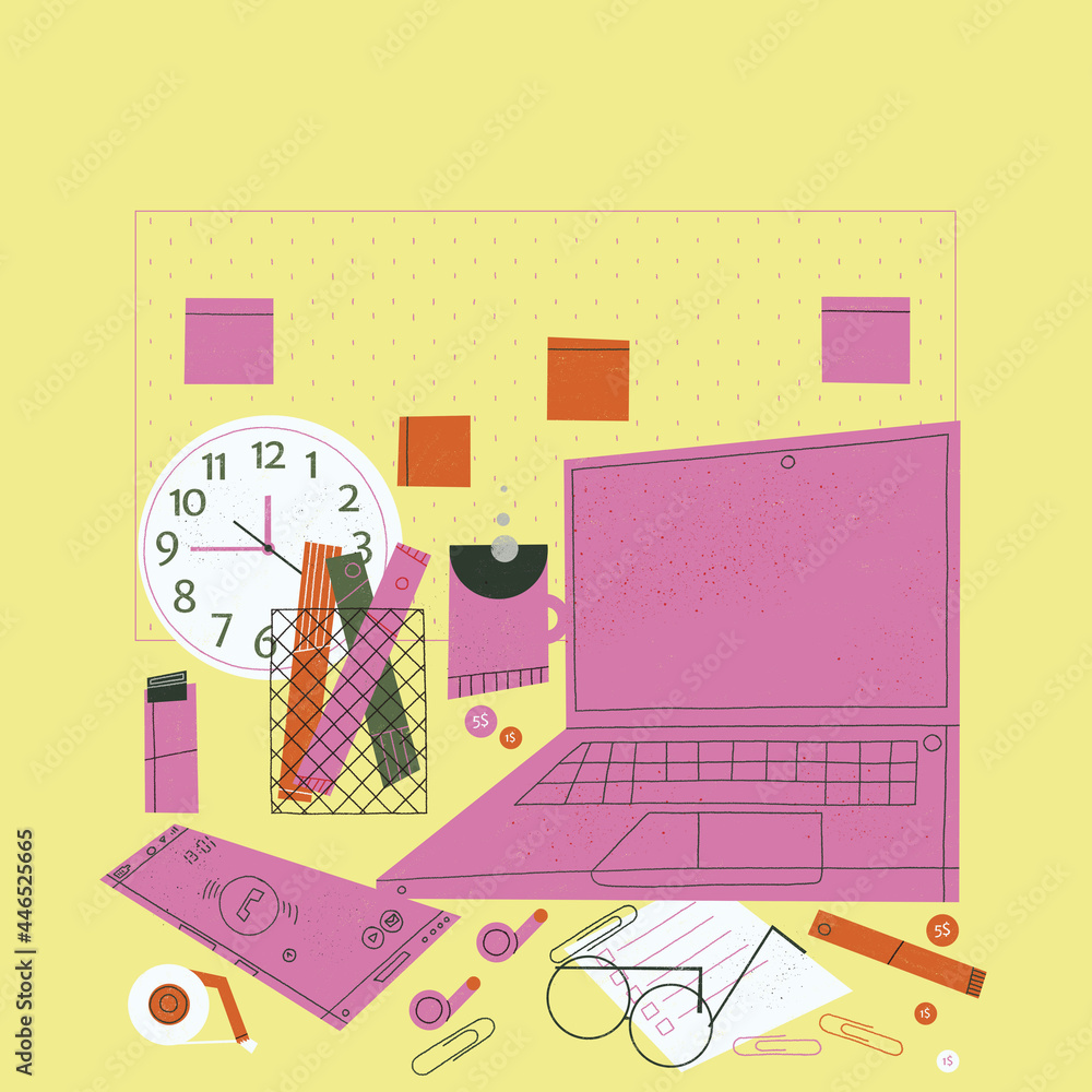Your workplace office desk though their objects. Laptop, clock, cup, pens, pen drive, smartphone, headphones, glasses, piece of paper, clips, and notes. Your workplace office desk though their objects. Laptop, clock, cup, pens, pen drive, smartphone, headphones, glasses, piece of paper, clips, and notes.