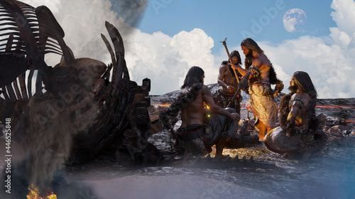 фотографія ancient cavemen people sit near a campfire render 3d