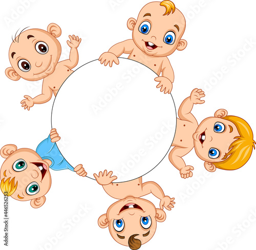 Group of cartoon baby boys with blank circle frame