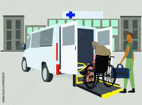 Male nurse helping young disabled woman  at Disabled Transit bus with access ramp at the hospital.  vector illustration. vector illustration