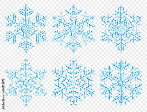 Set of big complex translucent Christmas snowflakes in light blue colors, isolated on transparent background. Transparency only in vector format