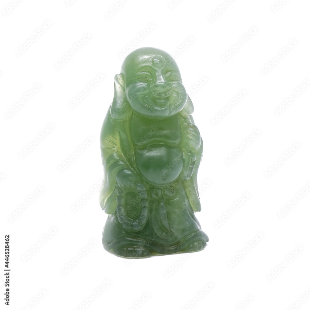 Green jade smiling Buddha isolated on white background. Jade carving : Smiling Buddha