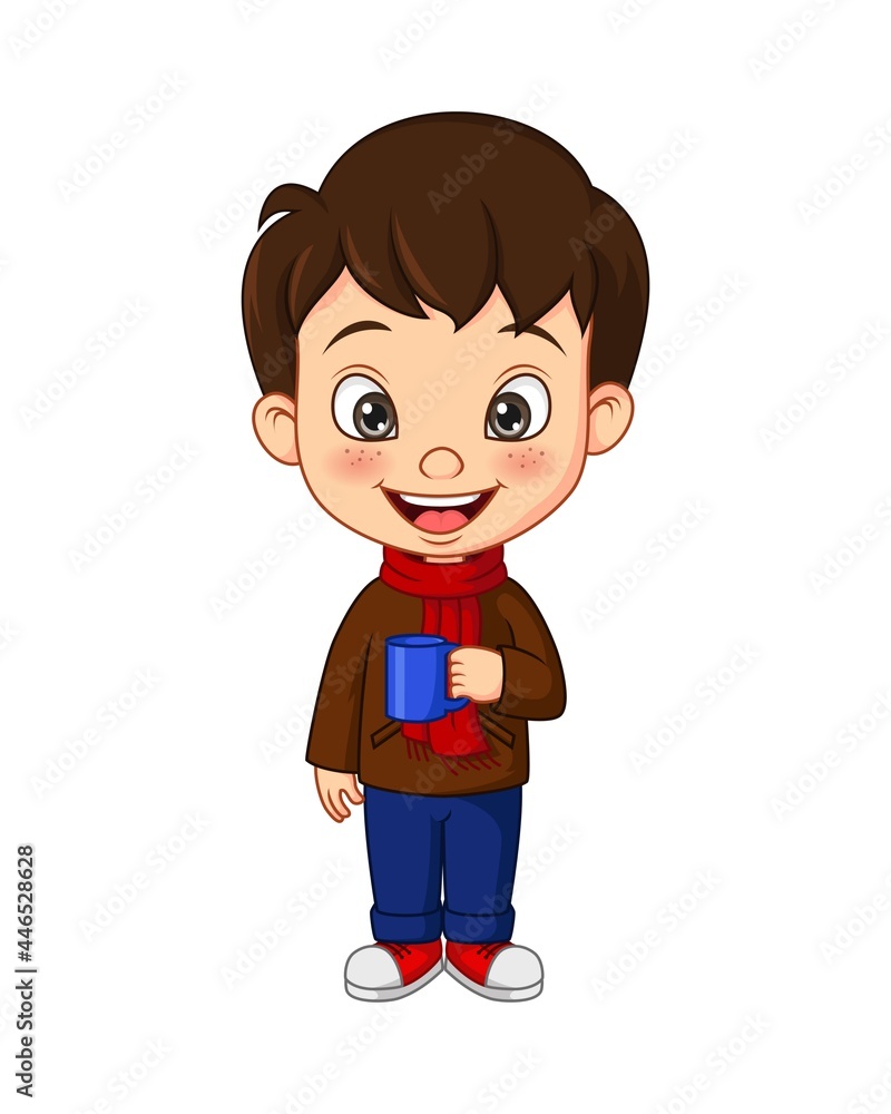 Cartoon little boy in autumn clothes holding cup Cartoon little boy in autumn clothes holding cup