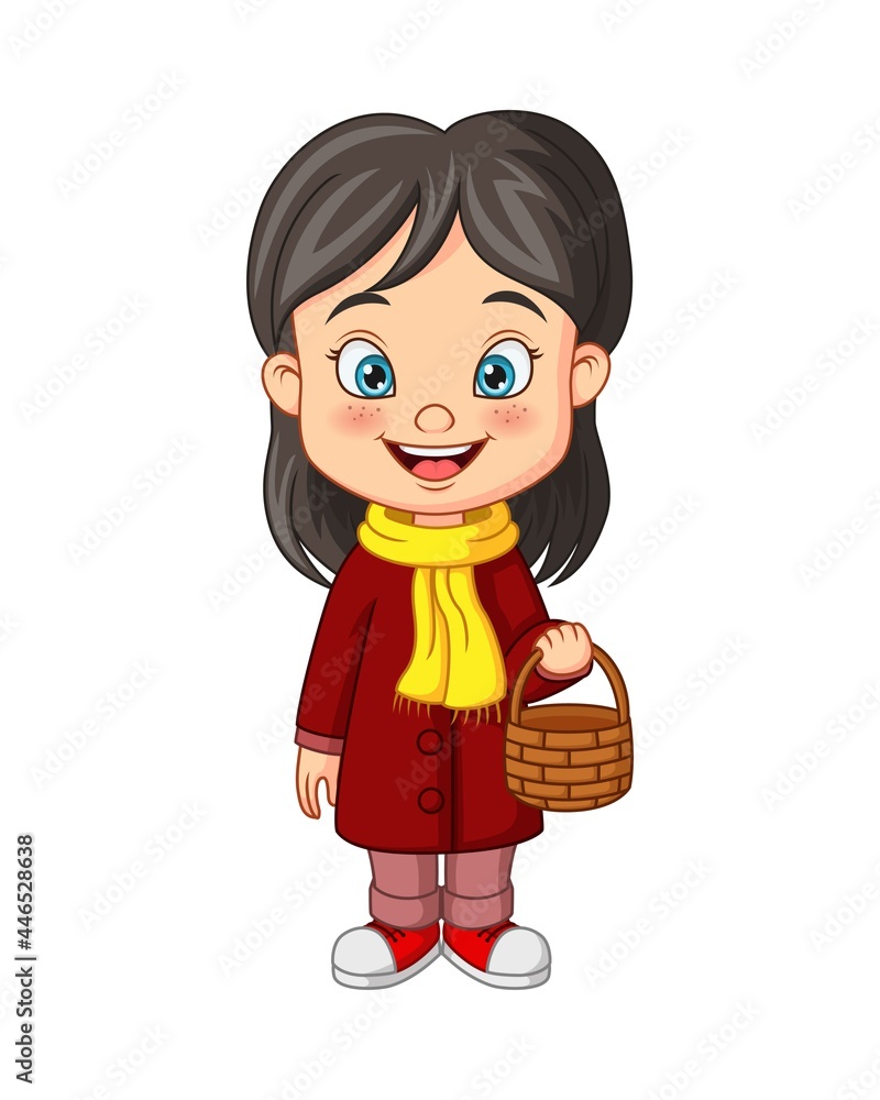 Cartoon little girl in autumn clothes holding basket Cartoon little girl in autumn clothes holding basket