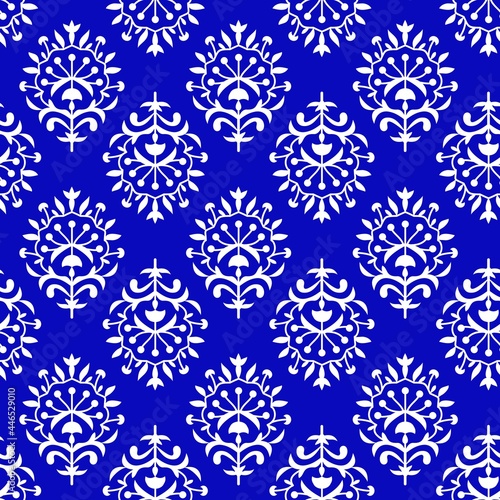Blue and white flower pattern porcelain floral seamless background, beautiful ceramic tile design, vector illustration. Vintage stylized, Brazier