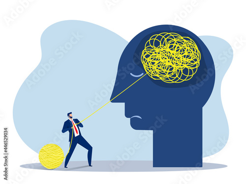 Businessman chaos with help, mental health or psychotherapy, schizophrenia concept, cognitive trap, communication or empathy, vector flat illustration photo