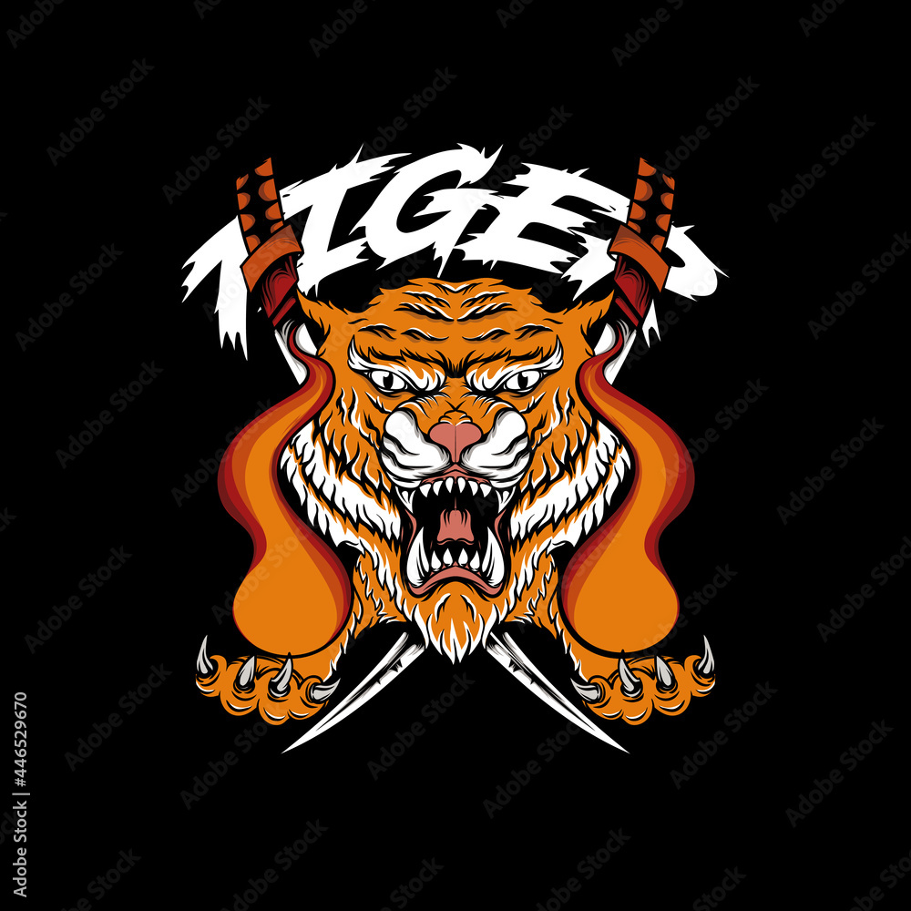 angry tiger with fire in hand and sword