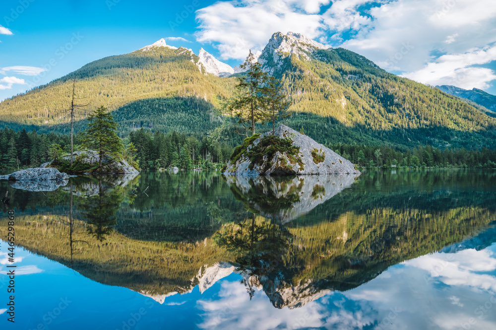 Hintersee Lake with reflection of Watzmann mountain peaks. Ramsau Berchtesgaden Bavaria, Germany, Europe