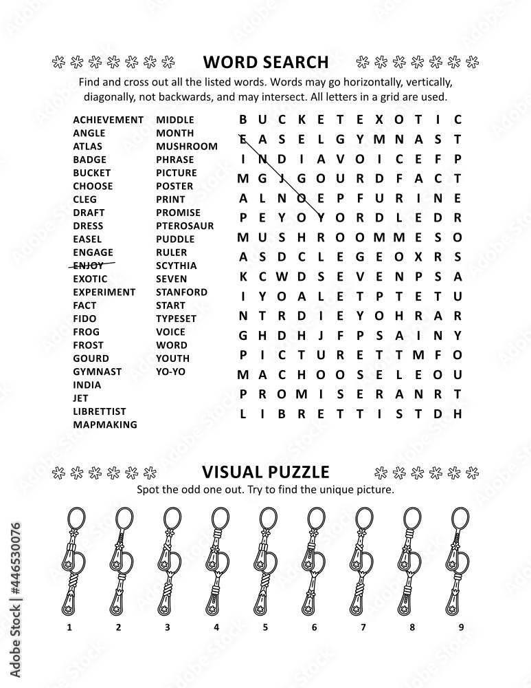 Vettoriale Stock Puzzle page with two brain games: general knowledge  non-themed word search puzzle (English language) and visual puzzle with  spoons. Black and white. | Adobe Stock