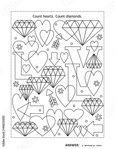 Counting game or puzzle: Count hearts. Count diamonds. Answer included. 