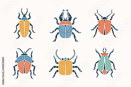 Geometric Bugs Vector Set. Colorful Abstract Beetles. Vintage  Insects Retro Colors