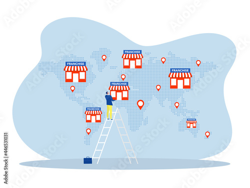 Franchise business model for company trade expansion flat,Small enterprise, company, shop, retail store or service network with home office, corporate headquarter,vector