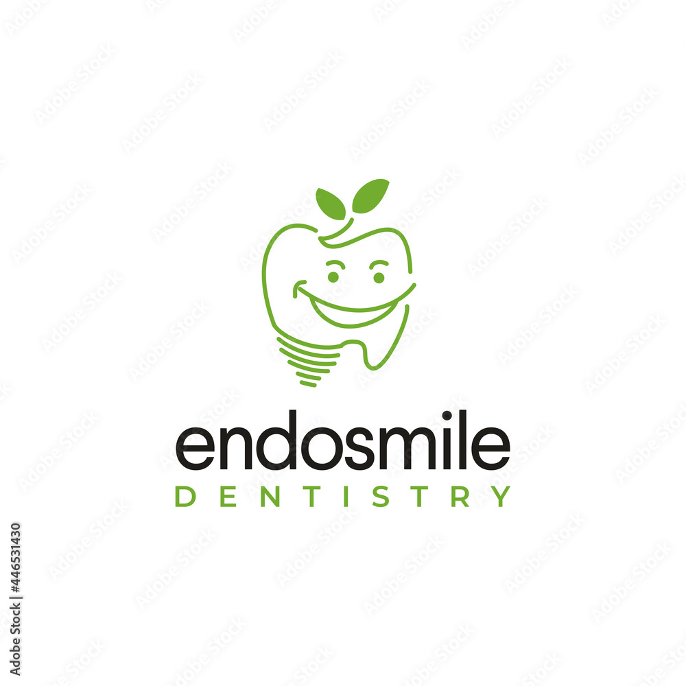 endosmile dentistry logo, fun  tooth implant with leaves vector