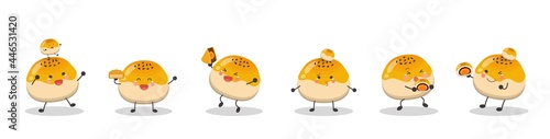 6 kinds of Chinese Oriental Mid-Autumn Festival moon cake cartoon characters isolated in the background, cute vector illustration cartoon, mascot combination