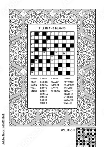 Puzzle and coloring activity page for grown-ups with criss-cross, or fill in, else kriss-kross word game (English) and wide decorative frame to color. Family friendly. Answer included.
